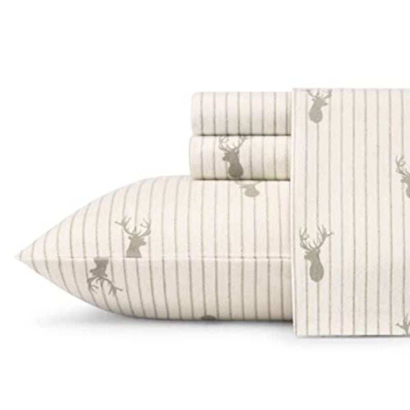 Eddie Bauer - Flannel Sheets Queen Size, Anti-Pilling & Wrinkle Resistant Cotton, Touchably Soft for All-Season Comfort - Bed Sheets with Matching Pillowcases & Fitted Sheet (Deer Lodge Beige) - Image 1